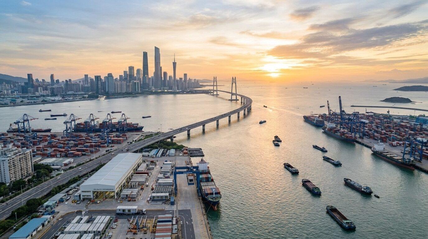 航拍:日落时分的粤港澳大湾区——深圳天际线、跨海大桥与集装箱码头及远洋货轮,北都的模块化产品由此启运出海